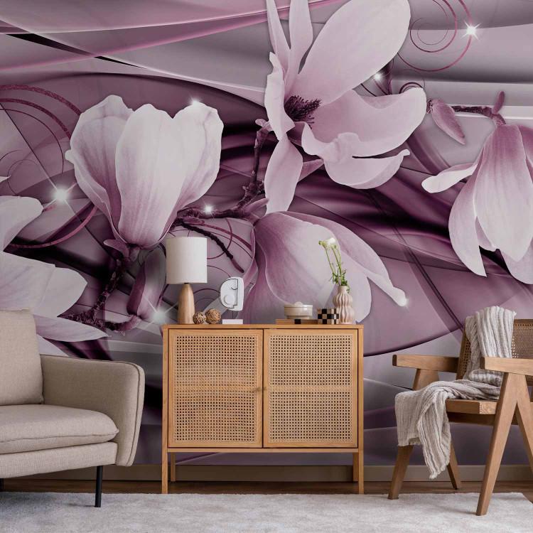 Wall Mural Pink abstract - magnolia flowers on a background with ornaments and waves