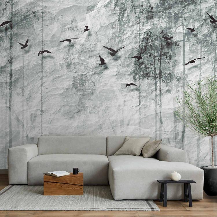 Wall Mural Cartoon paper - shadows of a forest of trees and birds on a white background