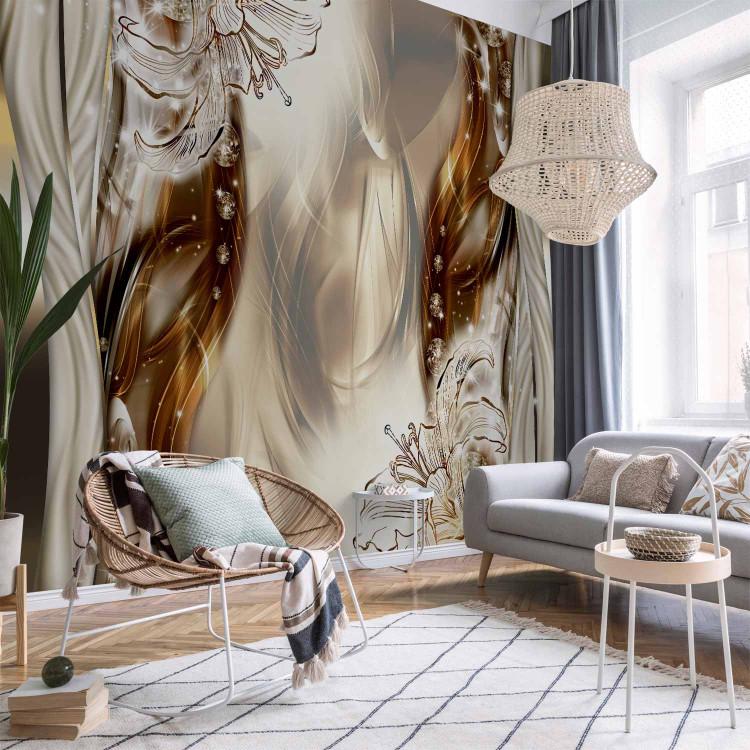 Wall Mural Glossy abstraction - graphic lily flowers among browns and beiges