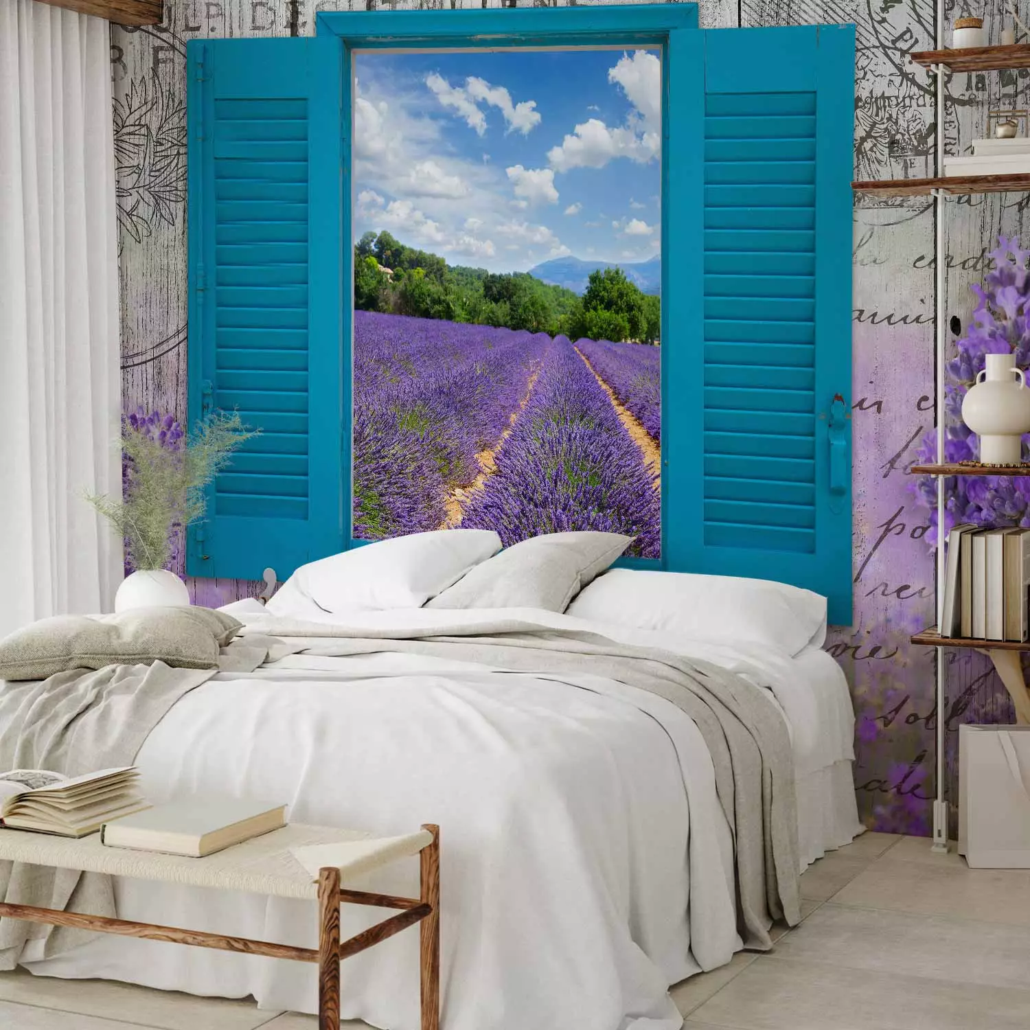 Wall Mural Postcard from Provence - Provencal motifs in retro style, window overlooking the lavender field