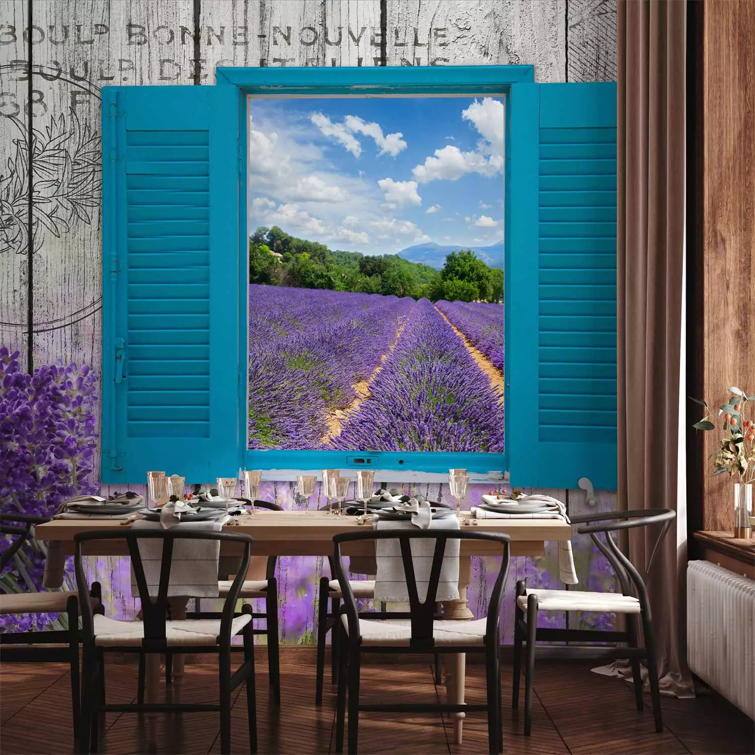 Wall Mural Postcard from Provence - Provencal motifs in retro style, window overlooking the lavender field