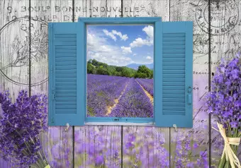 Wall Mural Postcard from Provence - Provencal motifs in retro style, window overlooking the lavender field Wallpaper Cropper