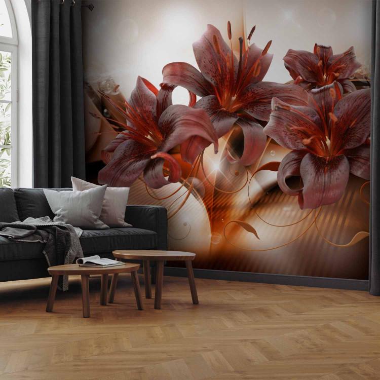 Wall Mural Fiery lilies - abstract with flowers with glowing background and patterns