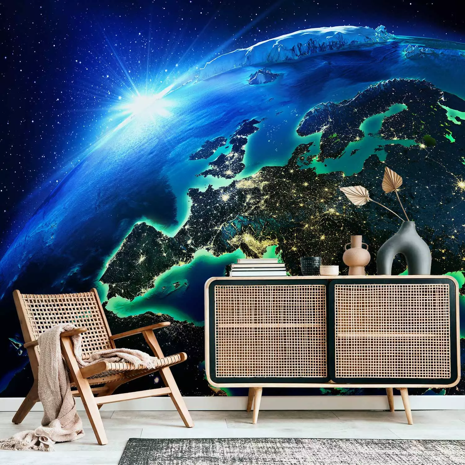Photo Wallpaper Planet Earth - cosmos landscape with sun on illuminated world at night