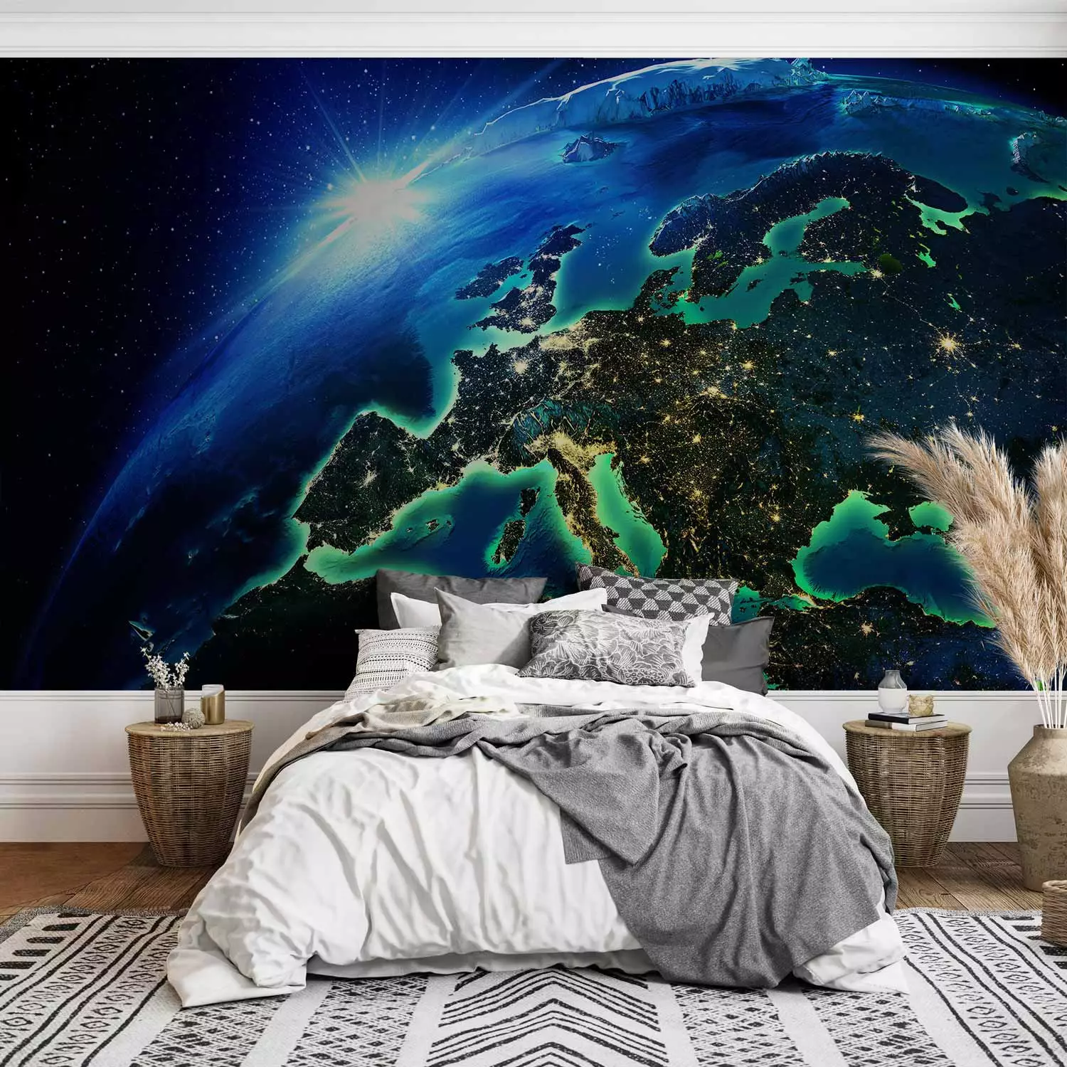 Photo Wallpaper Planet Earth - cosmos landscape with sun on illuminated world at night