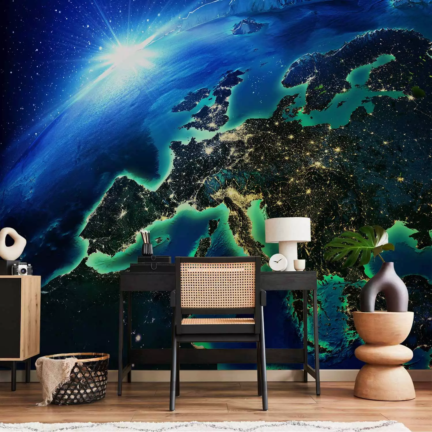 Photo Wallpaper Planet Earth - cosmos landscape with sun on illuminated world at night