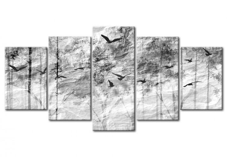 Canvas The return in silver - abstract, black and white birds on a forest background, an interesting effect of a parchment invoice