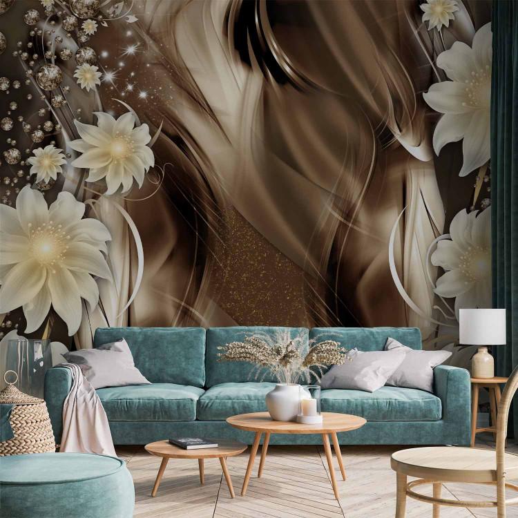 Wall Mural White luminous flowers with pattern - brown abstract background with waves