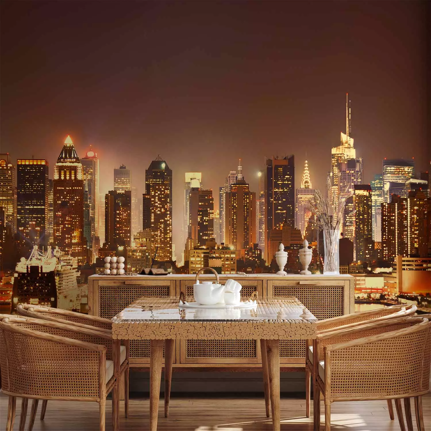 Wall Mural Architecture of New York - panorama of the great city at night in sepia