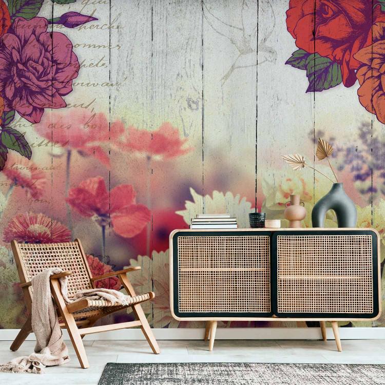 Wall Mural Retro Flowers - Colorful flowers on a background resembling old boards