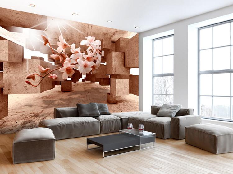Wall Mural Space with geometric figures - orchid flower among concrete