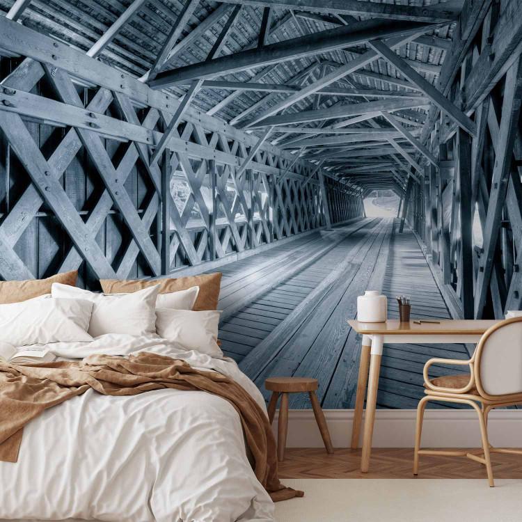 Wall Mural Black and white architecture - large wooden grey bridge tunnel over river