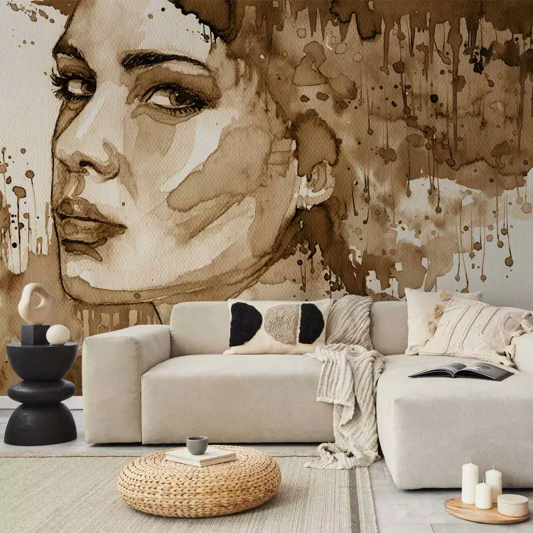 Wall Mural Portrait of a woman - silhouette of a woman in brown watercolour in sepia motif