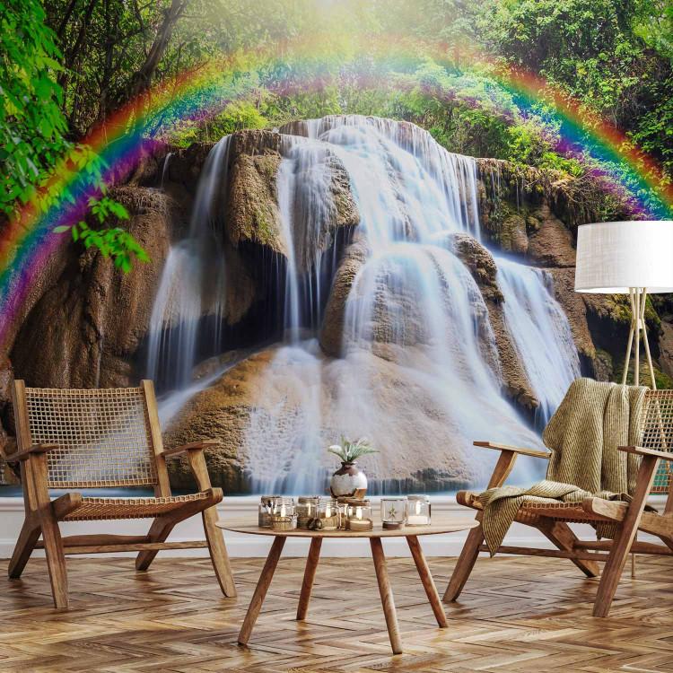 Wall Mural Tranquility of Nature - Landscape of Stone Waterfall and River in Forest with Rainbow