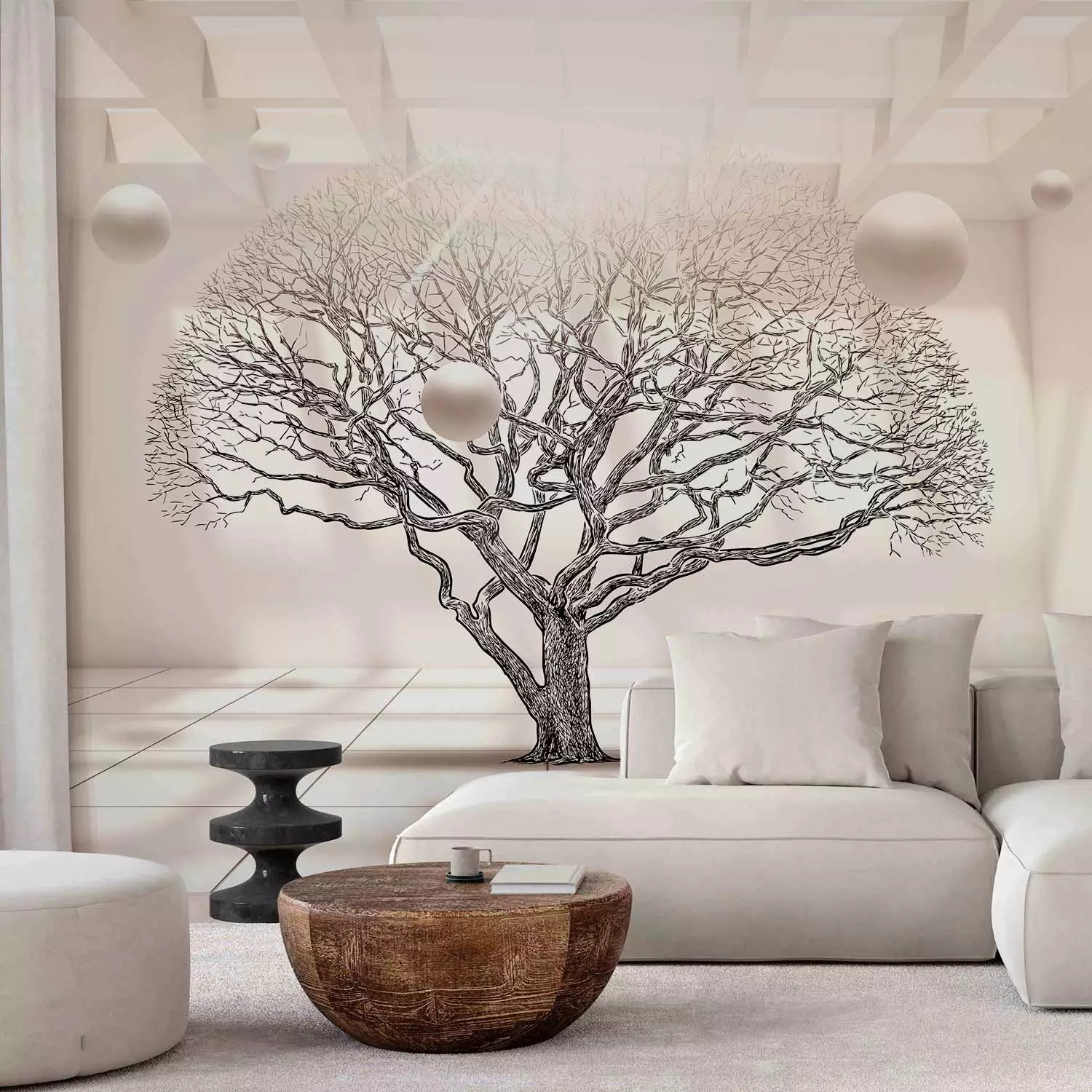 Photo Wallpaper Geometric Landscape - Leafless Tree in Beige Space with Spheres