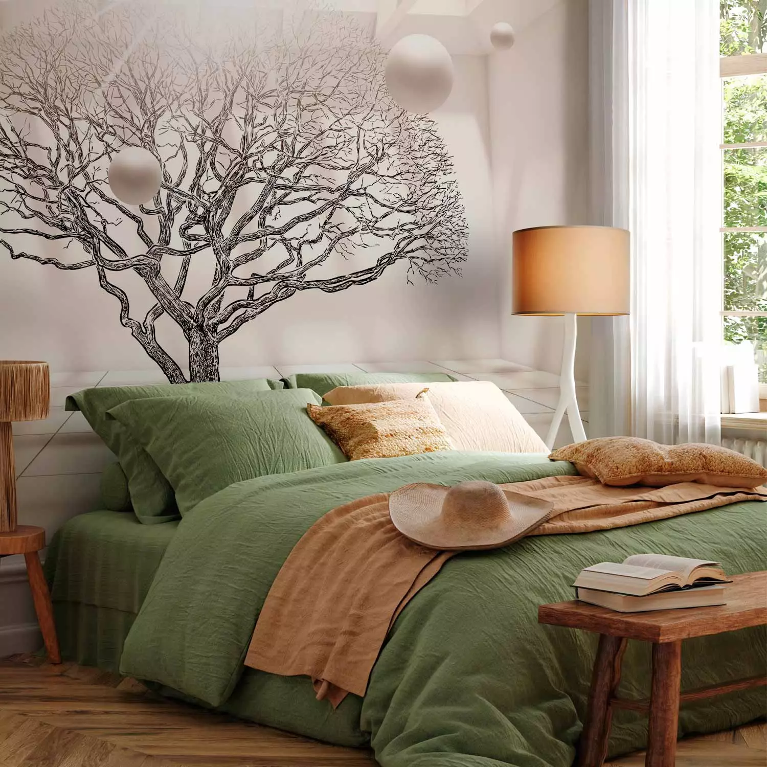 Photo Wallpaper Geometric Landscape - Leafless Tree in Beige Space with Spheres