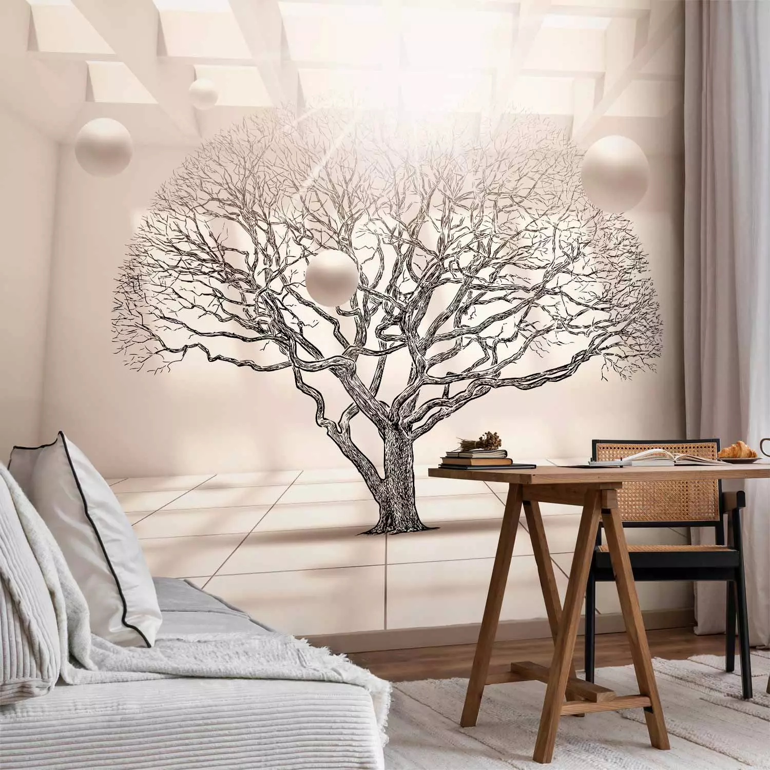 Photo Wallpaper Geometric Landscape - Leafless Tree in Beige Space with Spheres