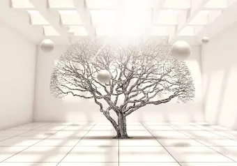 Photo Wallpaper Geometric Landscape - Leafless Tree in Beige Space with Spheres Wallpaper Cropper