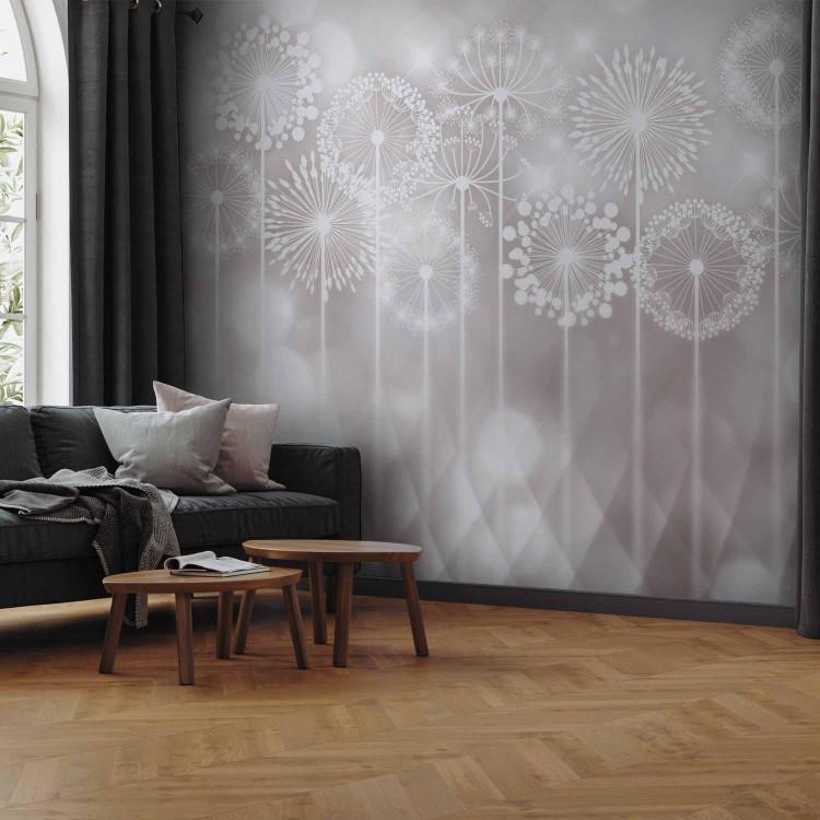 Wall Mural Radiant Flowers - Dandelions on Silver Background in Geometric Patterns
