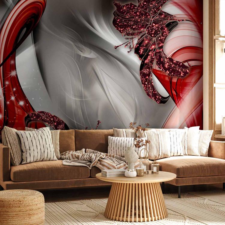 Wall Mural Flowers in Smoke - Abstract Motif of Red Lilies on Gray Background