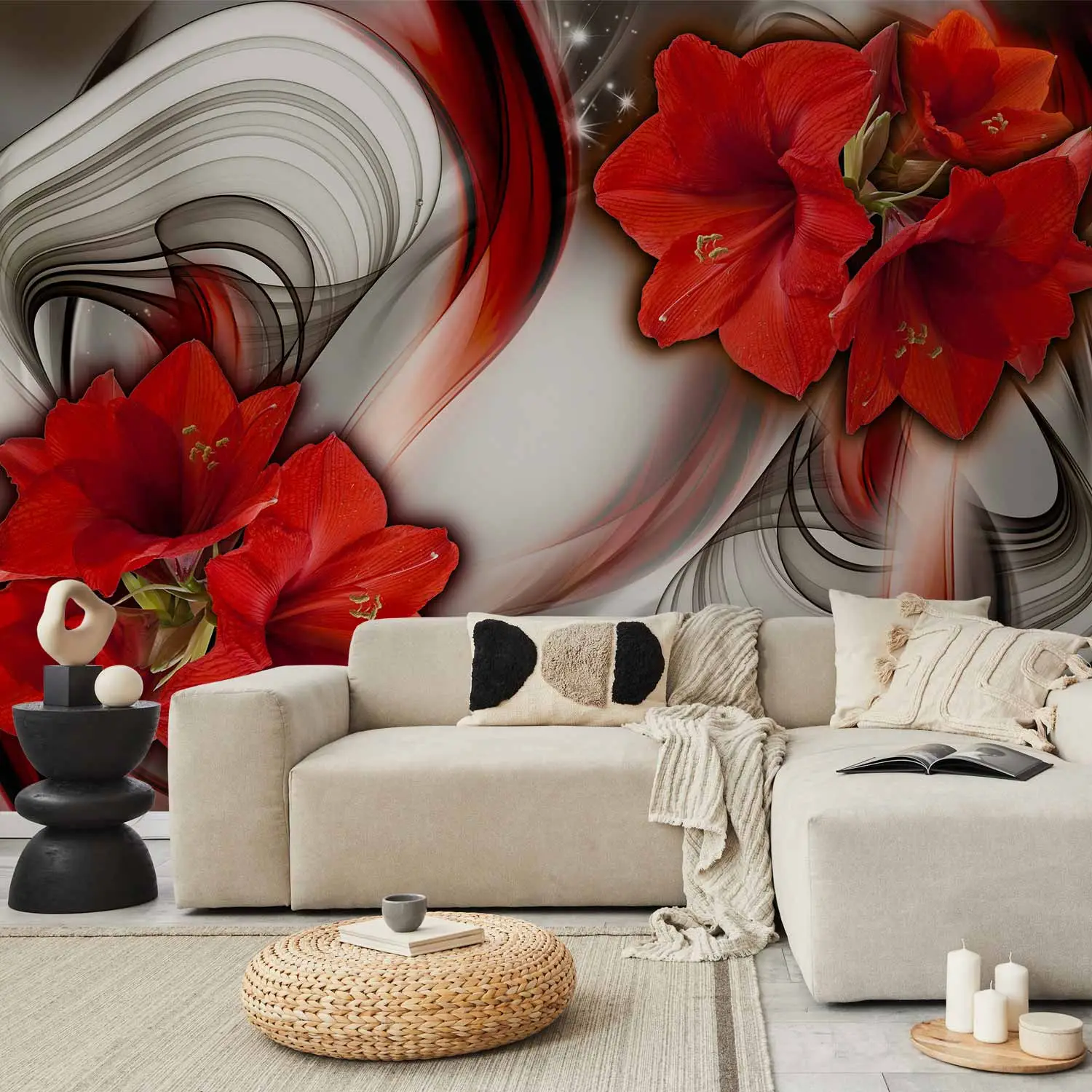 red flower wallpaper living room