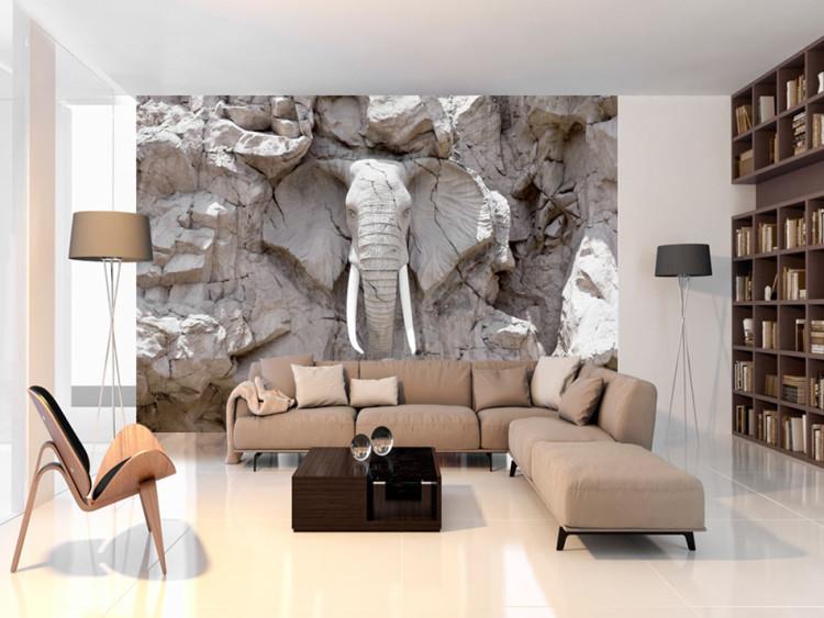 Wall Mural Bridge of time (South Africa) - stone elephant sculpture on a background held in shades of sandstone and white
