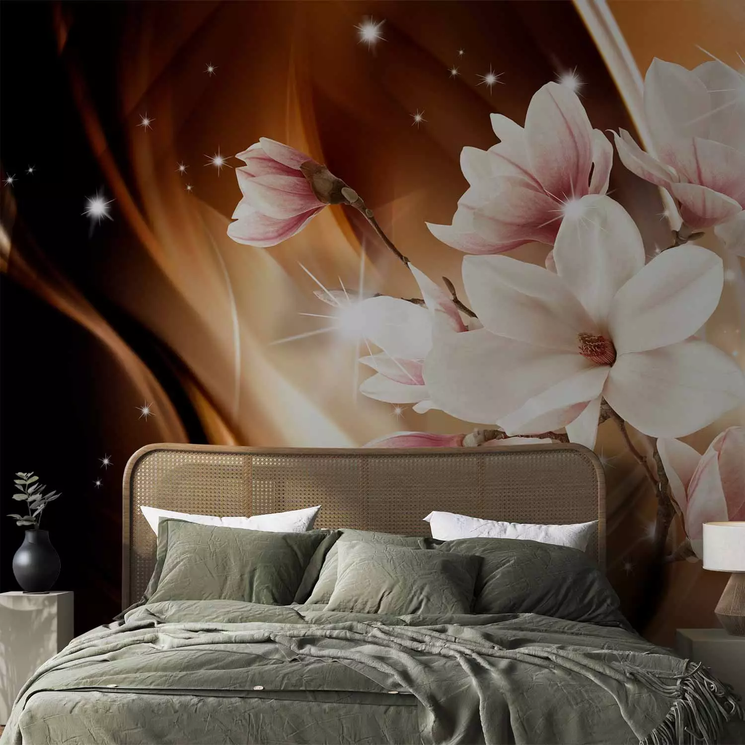 Wall Mural Magnolias on Branch - Abstract Composition of Flowers on Glamorous Background with Glow