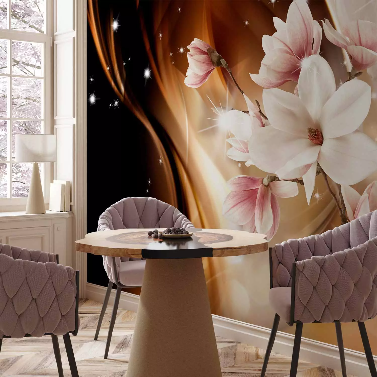 Wall Mural Magnolias on Branch - Abstract Composition of Flowers on Glamorous Background with Glow