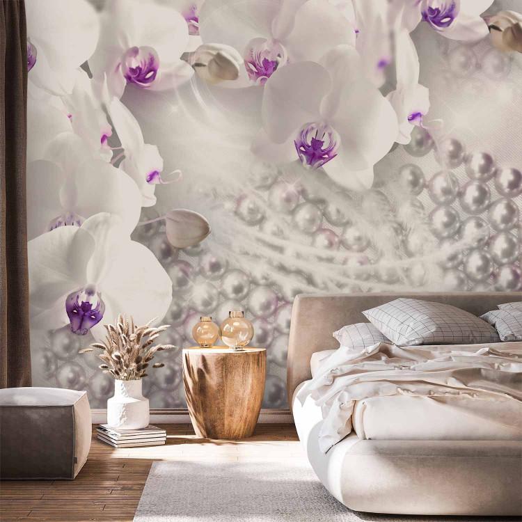 Wall Mural Romantic abstraction - composition with white orchids and pearls