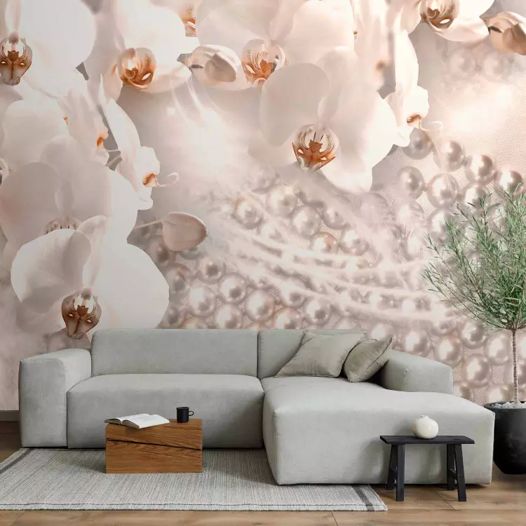 Wall Mural Shiny abstraction - glamour composition with pearls and orchids