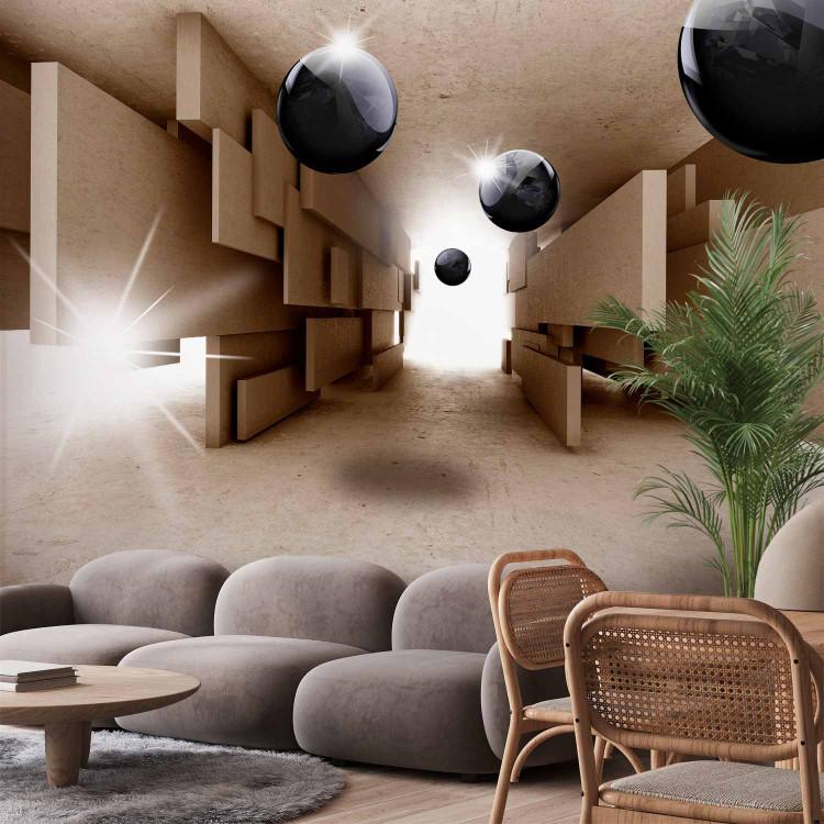 Wall Mural Geometric tunnel - 3D illusion space with black spheres and light