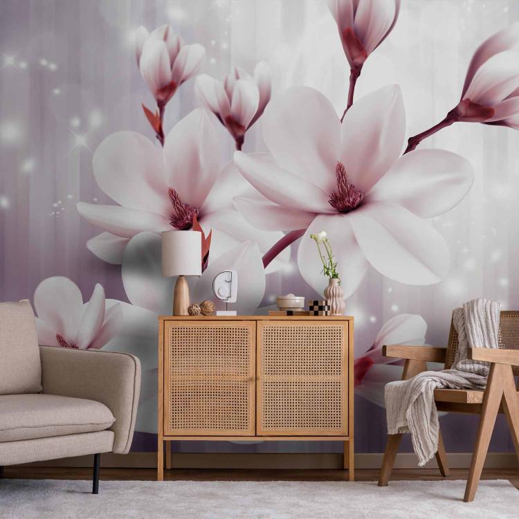 Wall Mural Pink magnolias - flowers on a purple background with stripes and lights