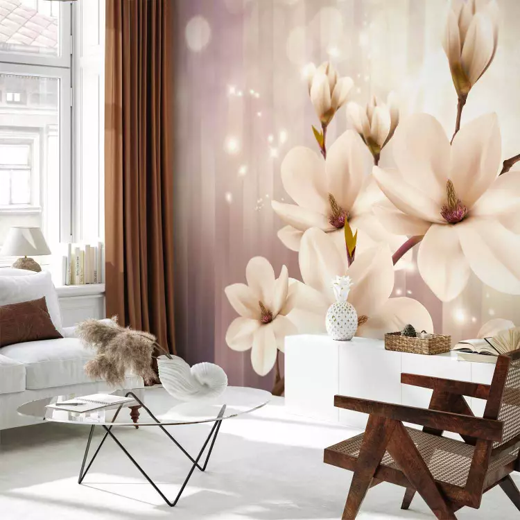 Wall Mural White magnolias - flowers on a background of lights with a pattern of purple stripes