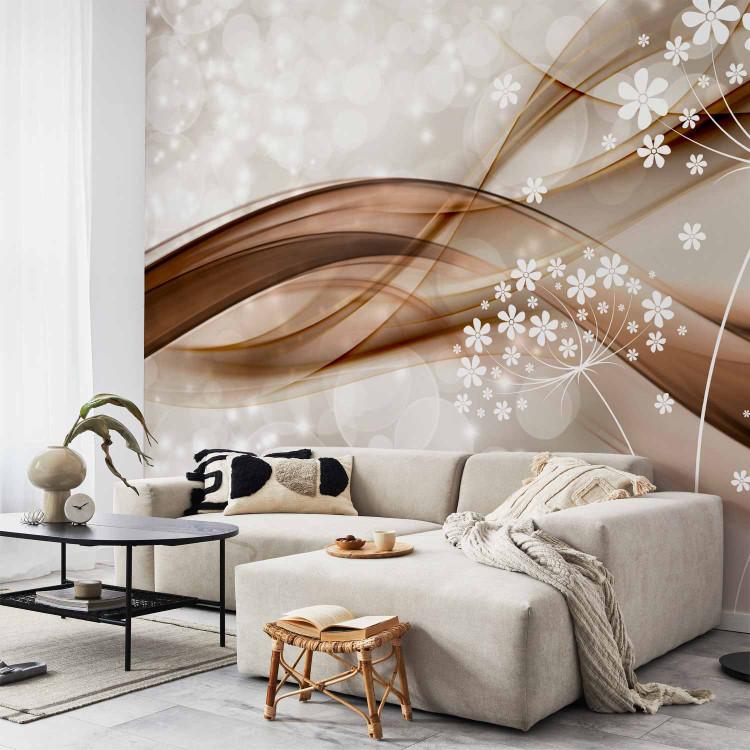 Wall Mural Composition with sparkle - white graphic flowers on a brown wave background