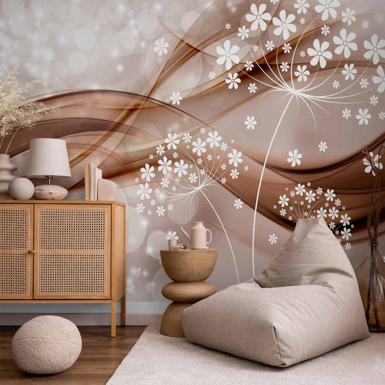 Wall Mural Composition with sparkle - white graphic flowers with wave in pink aura