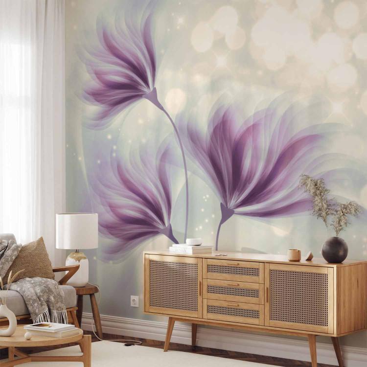 Wall Mural Soft glow of lights - three purple flowers on a subtle background