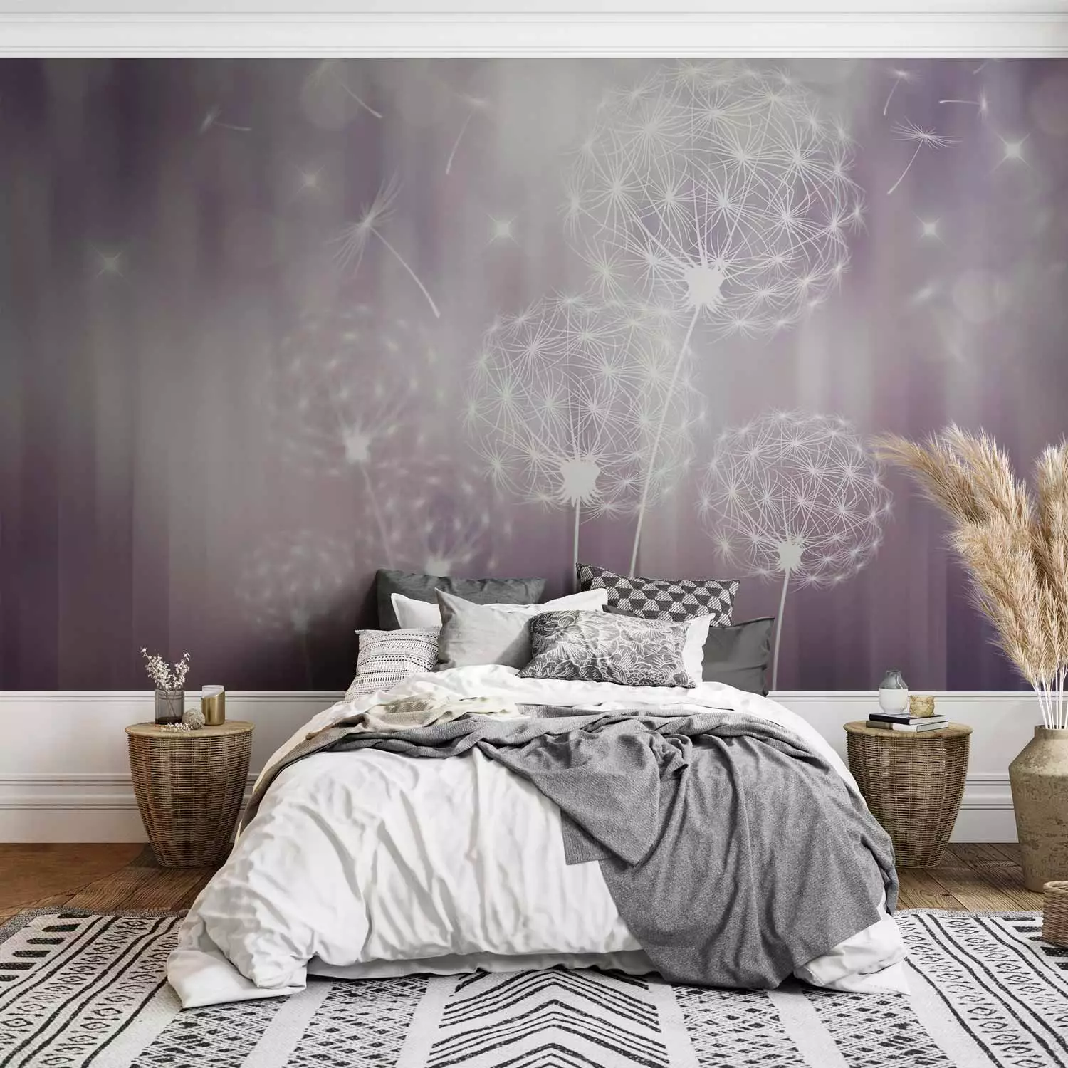 Wall Mural Symbol of summer - white graphic flying dandelions on purple background