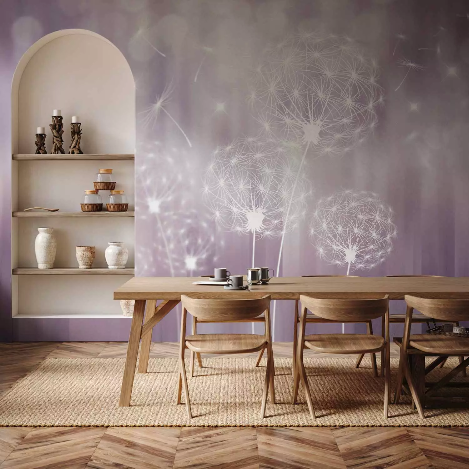 Wall Mural Symbol of summer - white graphic flying dandelions on purple background