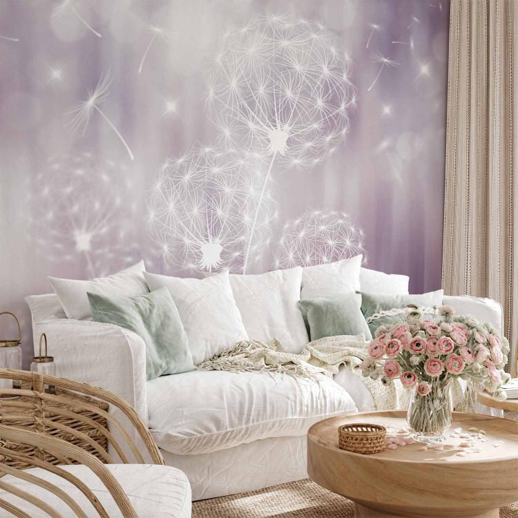 Wall Mural Symbol of summer - white graphic flying dandelions on purple background