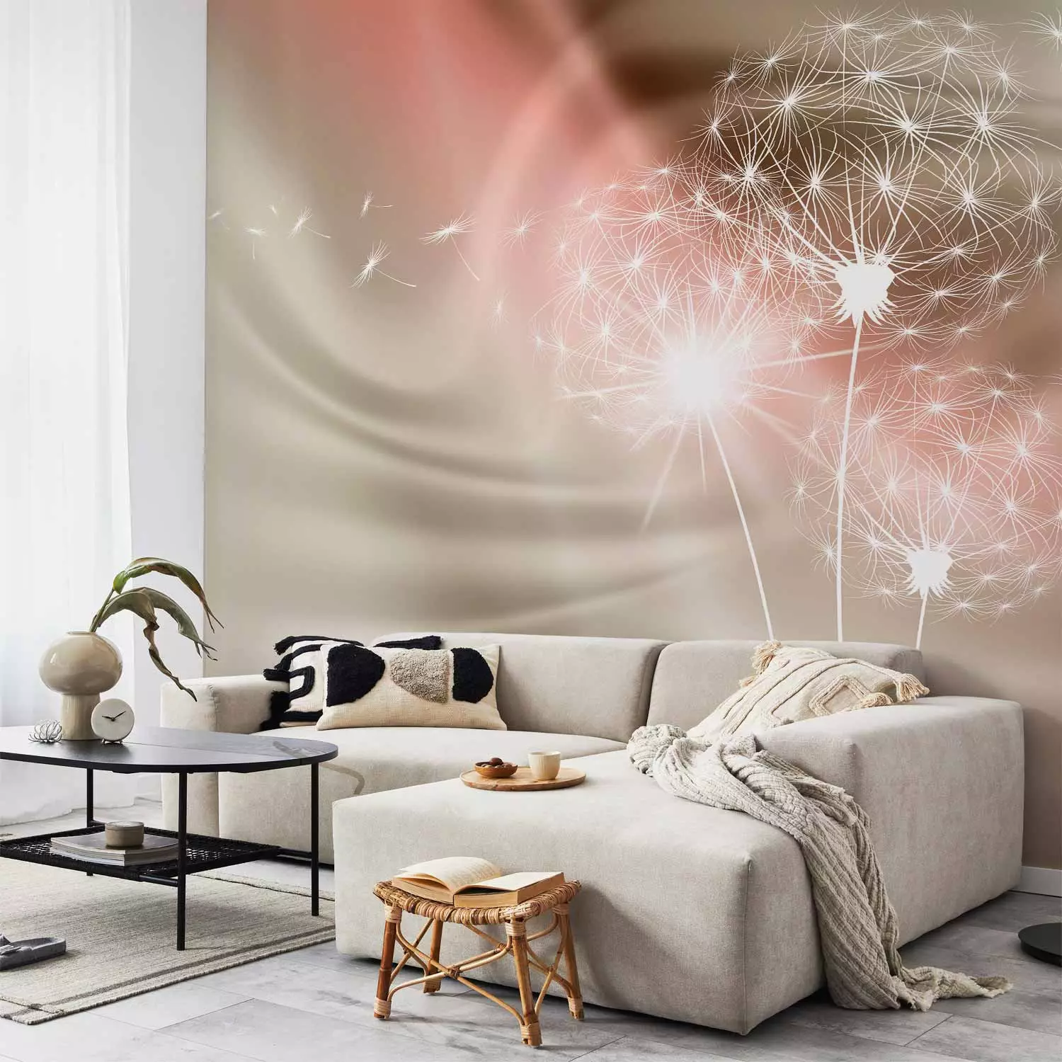 Photo Wallpaper Flying dandelions - white flowers on golden beige background with light
