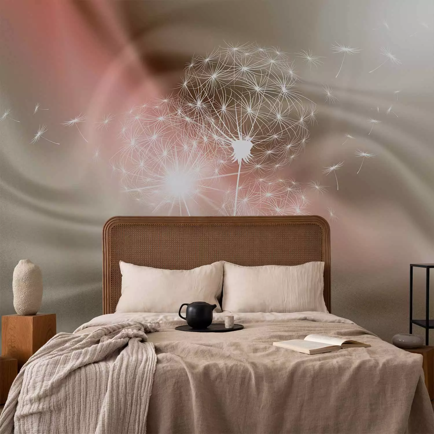Photo Wallpaper Flying dandelions - white flowers on golden beige background with light
