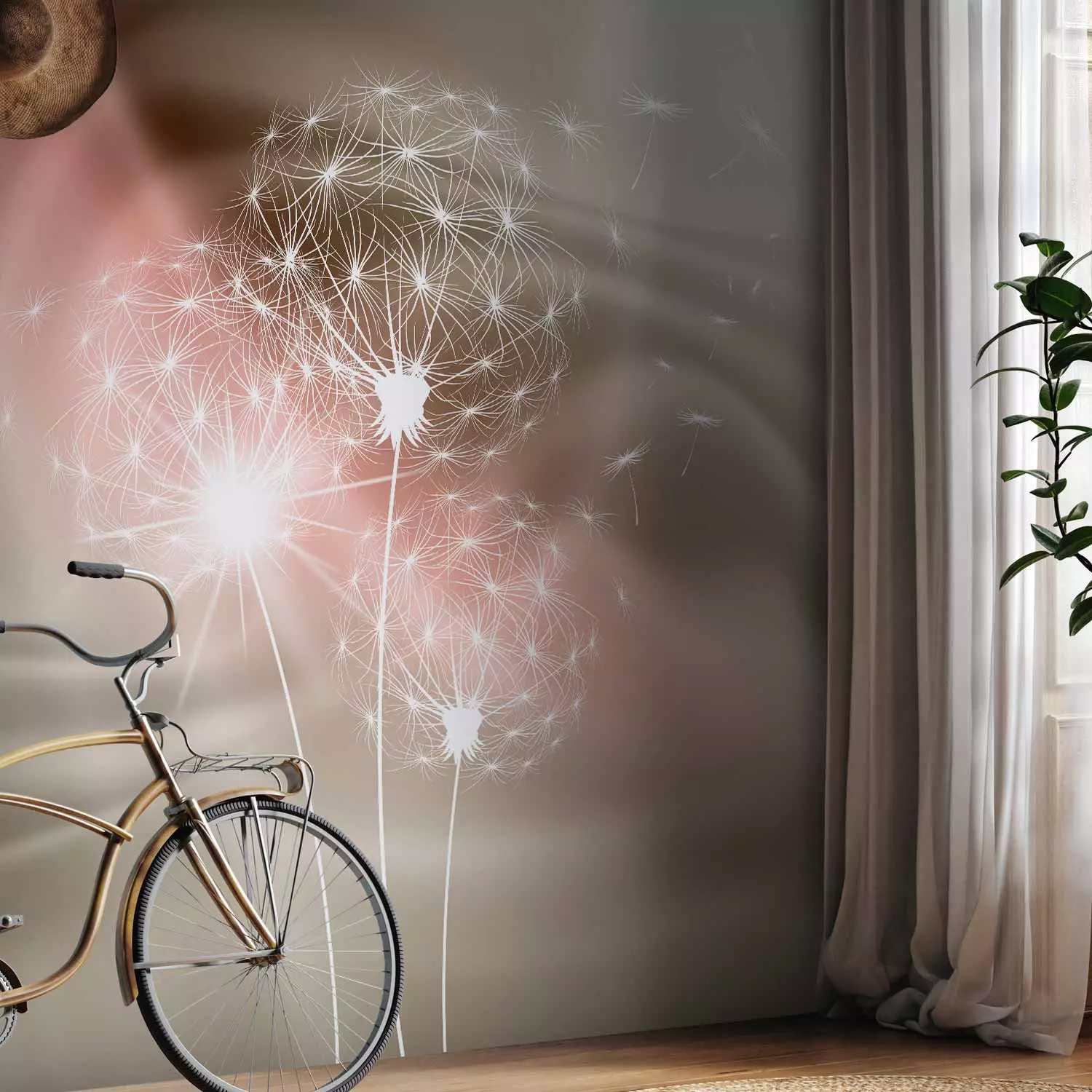 Photo Wallpaper Flying dandelions - white flowers on golden beige background with light