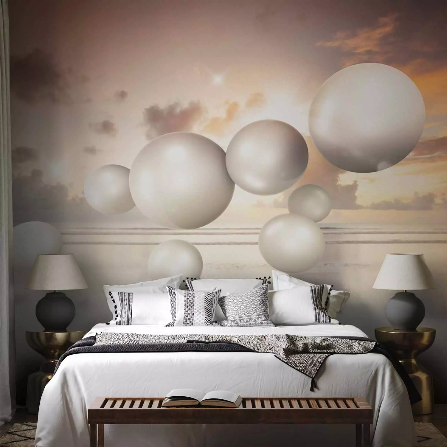 Wall Mural Abstraction with sunrise - white pearls floating above sea water