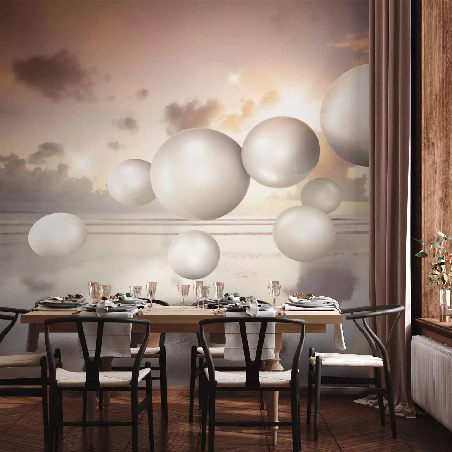 Wall Mural Abstraction with sunrise - white pearls floating above sea water