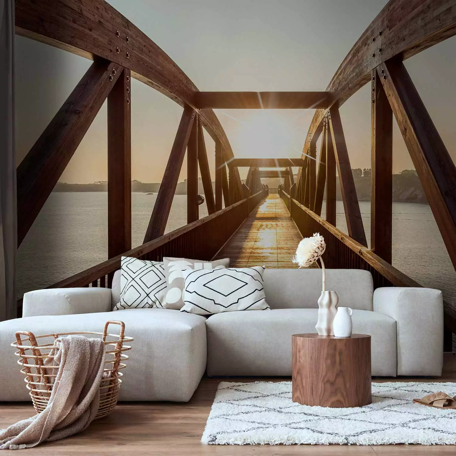 Photo Wallpaper City architecture - wooden bridge over river in sunshine