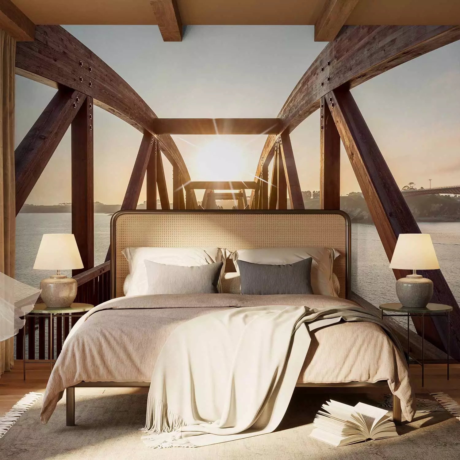 Photo Wallpaper City architecture - wooden bridge over river in sunshine