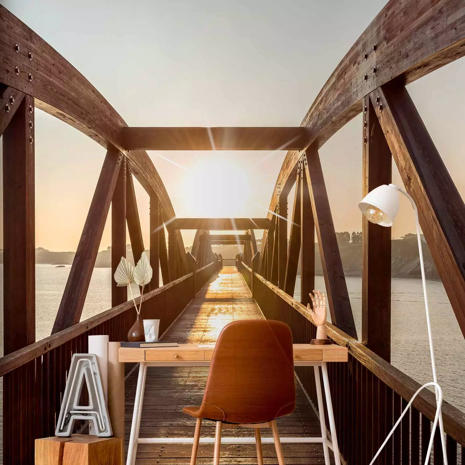 Photo Wallpaper City architecture - wooden bridge over river in sunshine