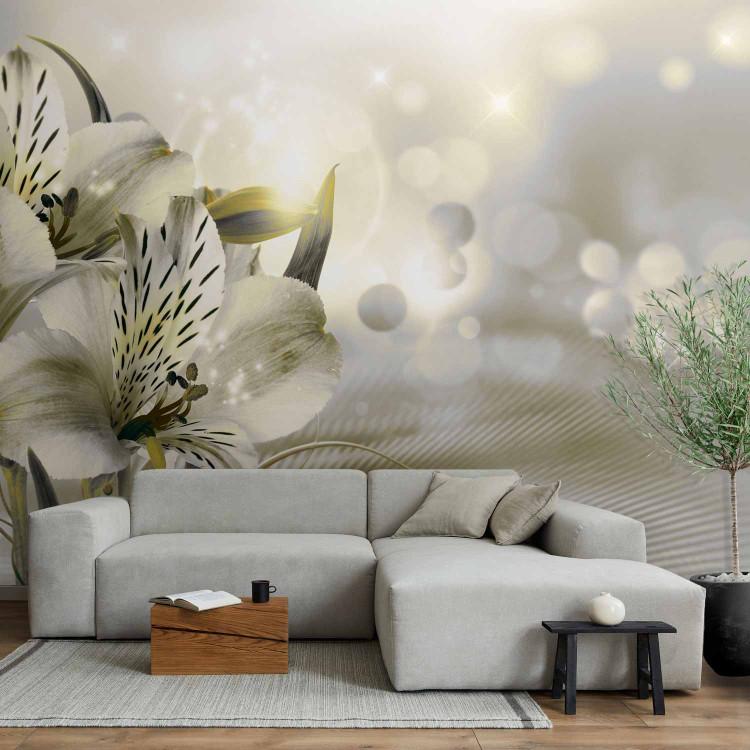 Wall Mural Green dawn - lily flowers in morning glow on striped background
