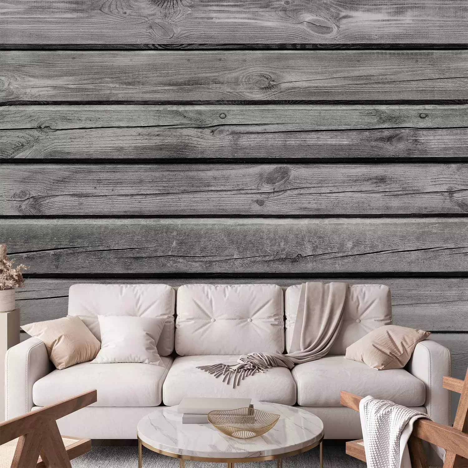 Photo Wallpaper Grey villa - background with texture of regular planks of raw wood