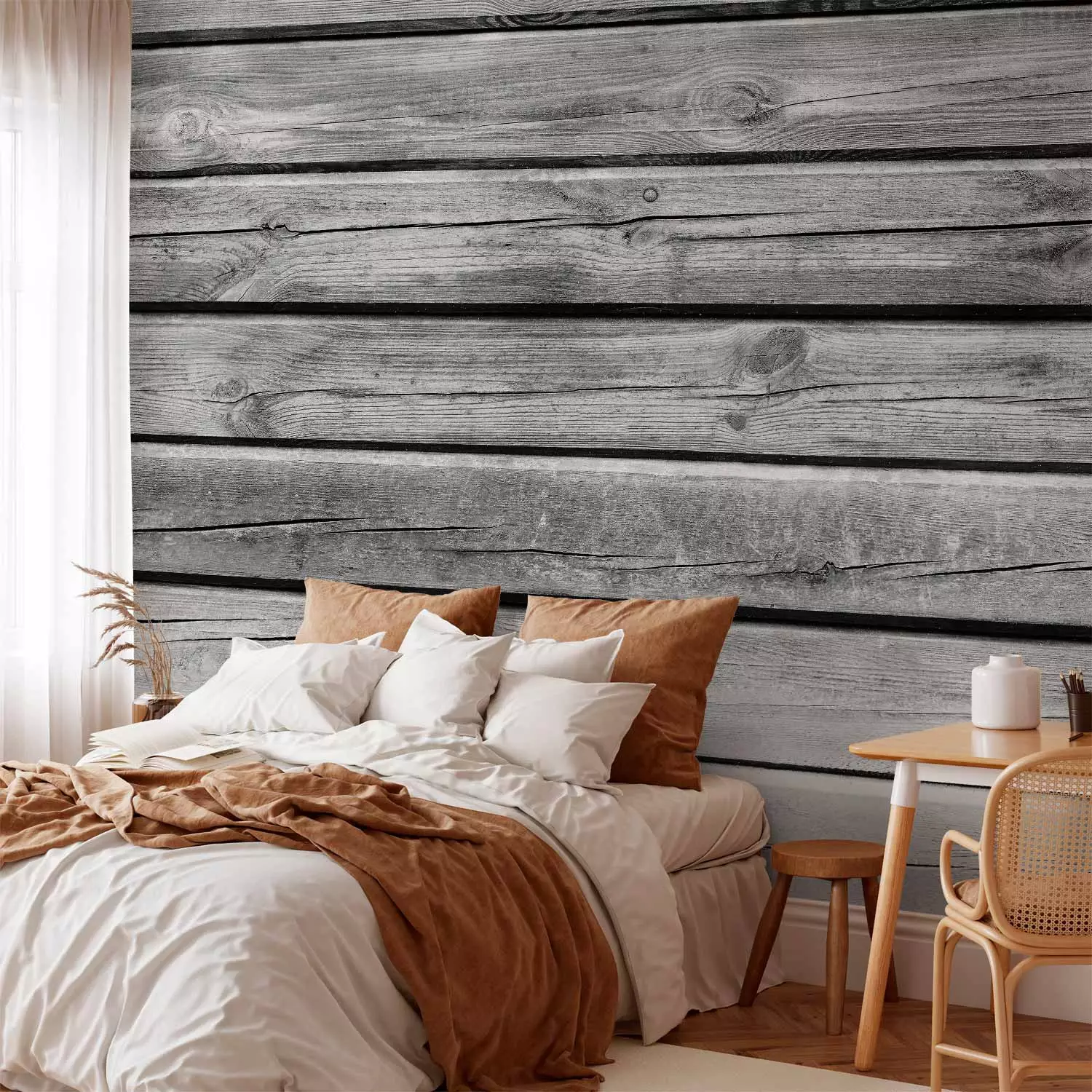 Photo Wallpaper Grey villa - background with texture of regular planks of raw wood